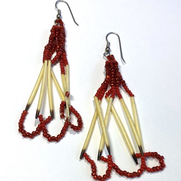 Red Cream Ivory Colored Quill Red Beads Dangling Silver Toned Earrings - Picture 2 of 6